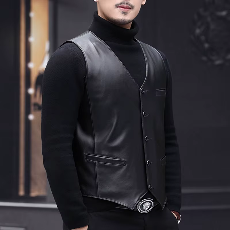 Gilet classique en cuir véritable pour Hommes