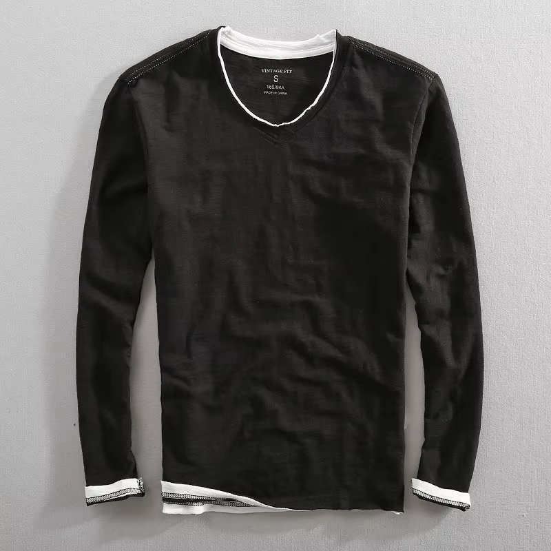 Hommes à manches longues T-shirt coton col en v solide décontracté hauts t-shirts