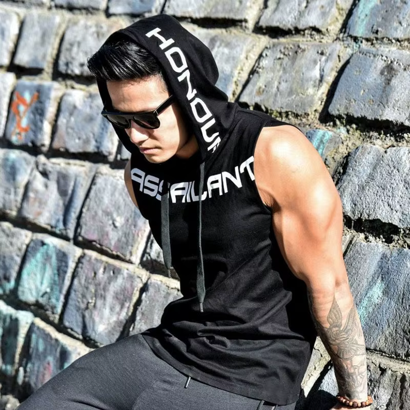 Hommes débardeurs vêtements de sport Fitness sweat à capuche sans manches gilets coton Singlets