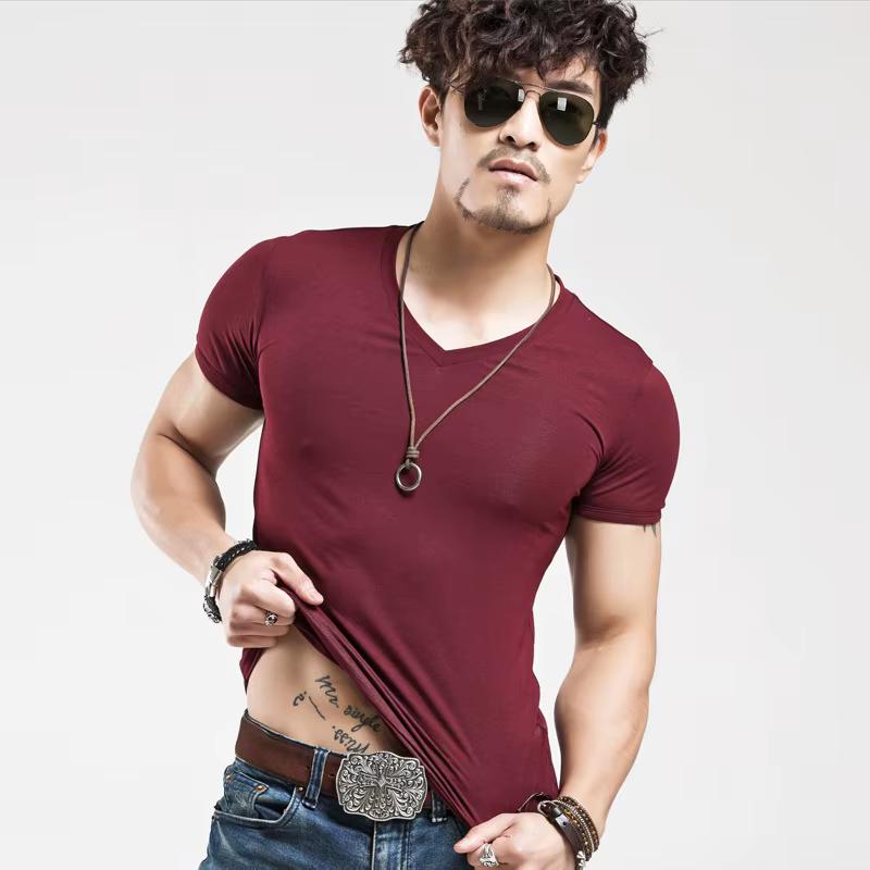 MRstuff-T-shirt à manches courtes et col en V pour homme