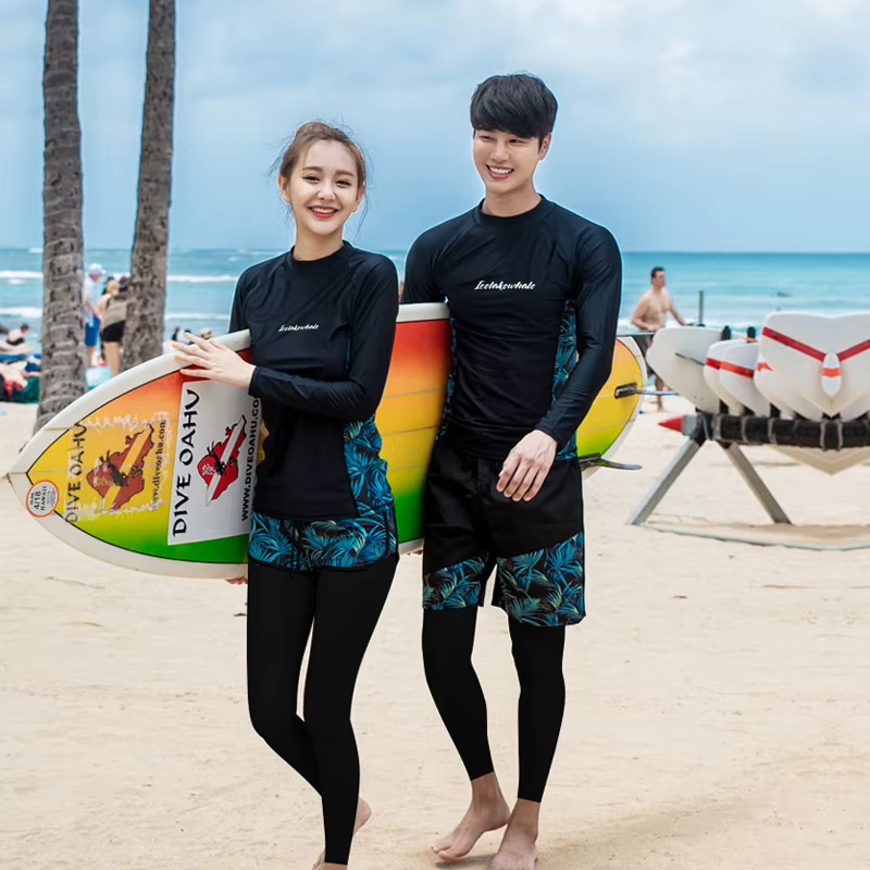 Chemise et pantalon Rash Guard à manches longues pour hommes et femmes, maillot de bain, maillots de bain, tapis de surf, noir, ensemble de 4 pièces