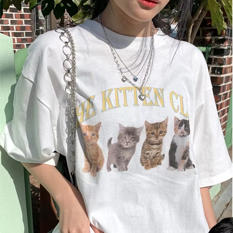 T-shirt manches courtes femme, streetwear en coton blanc, grunge, mignon