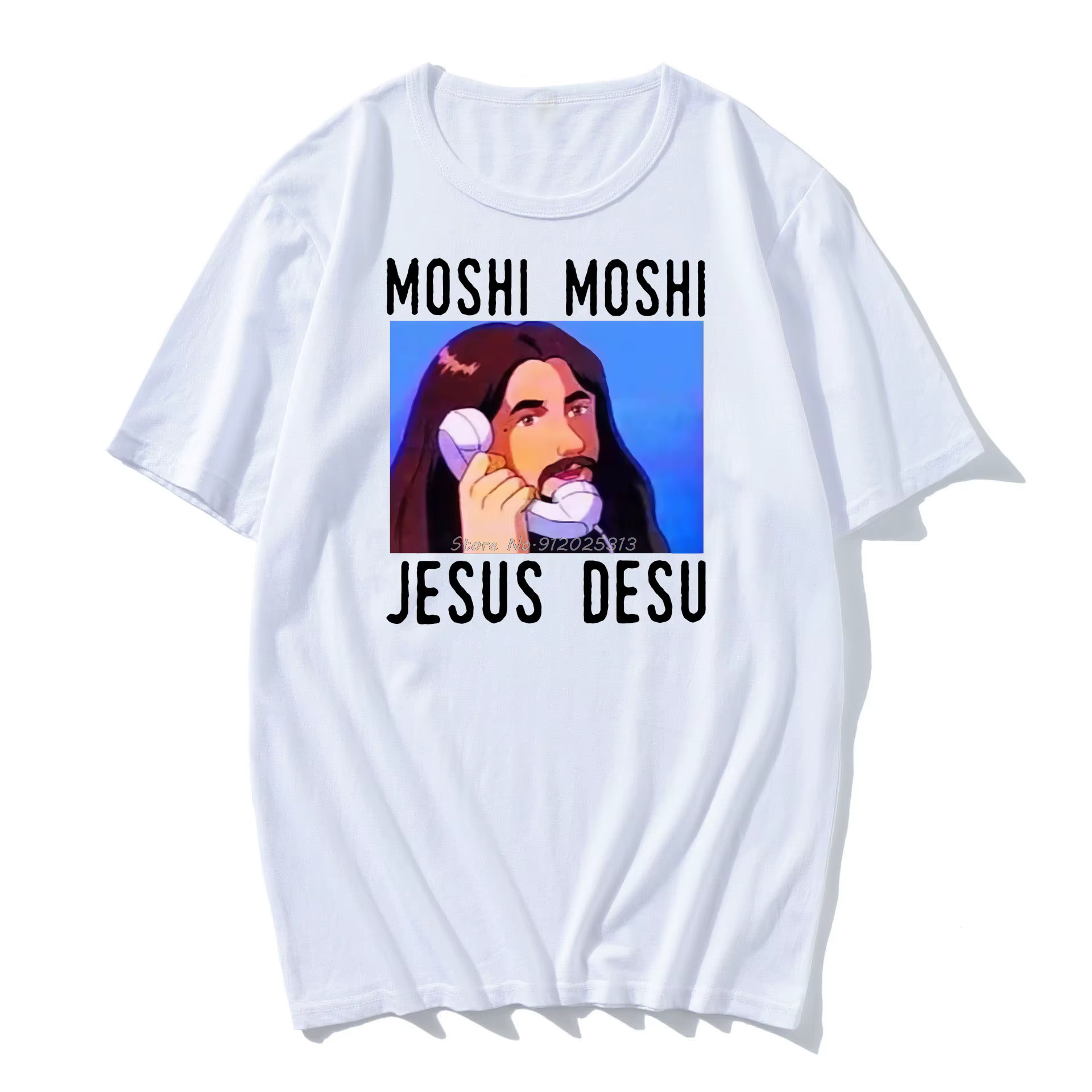 Moshi Moshi jésus Desu drôle surdimensionné T-shirt hommes T-shirt noir coton hommes chemise mode T-shirt hommes coton Harajuku T-shirt