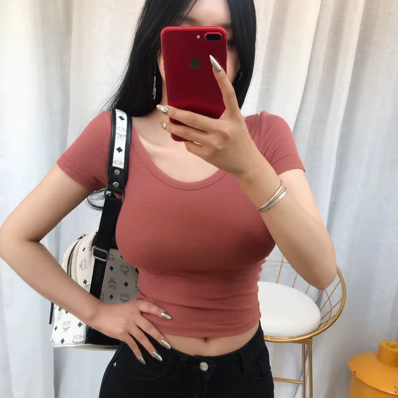 Crop Top Noir T-shirts Slim Sexy Basiques Courts Femme Club Blanc Chemises