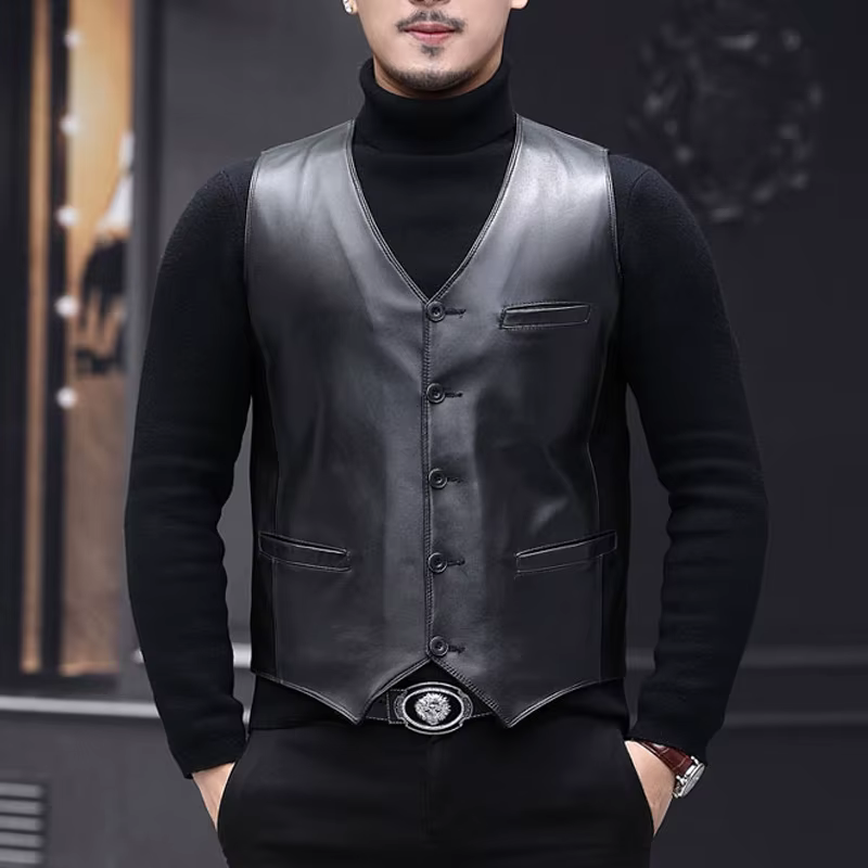 Gilet classique en cuir véritable pour Hommes