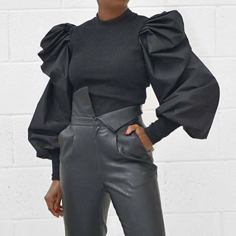 T-shirt à manches longues bouffantes à volants pour femmes