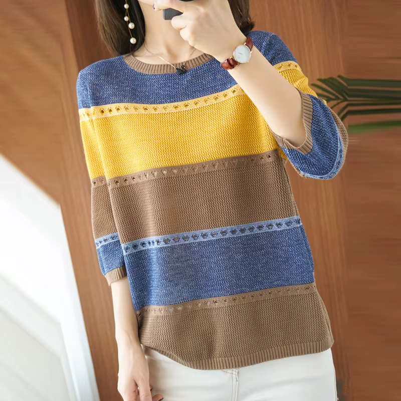 Pull fin tricoté à manches courtes pour femme