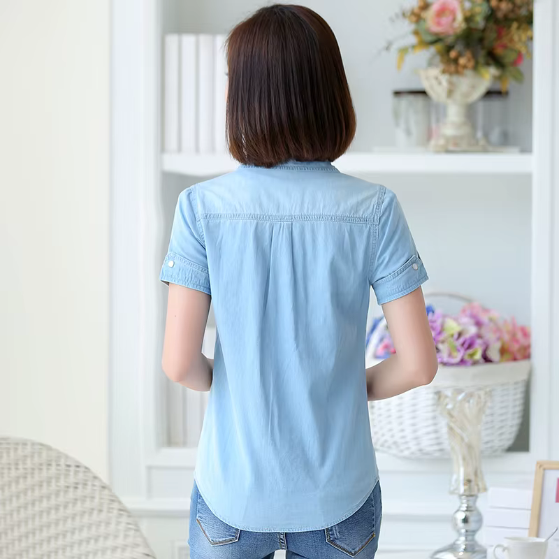 S-3XL Chemise en Denim pour Femmes été Nouvelle Mode Décontractée Manches Сourtes Вoutons Slim Tops fins, Сhemisier étudiante Сhemises en Сoton
