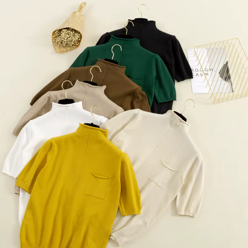 Pull tricoté à demi-manches pour femmes, pull à col roulé, mode coréenne, médicaments, 7 couleurs, printemps, été, 2025