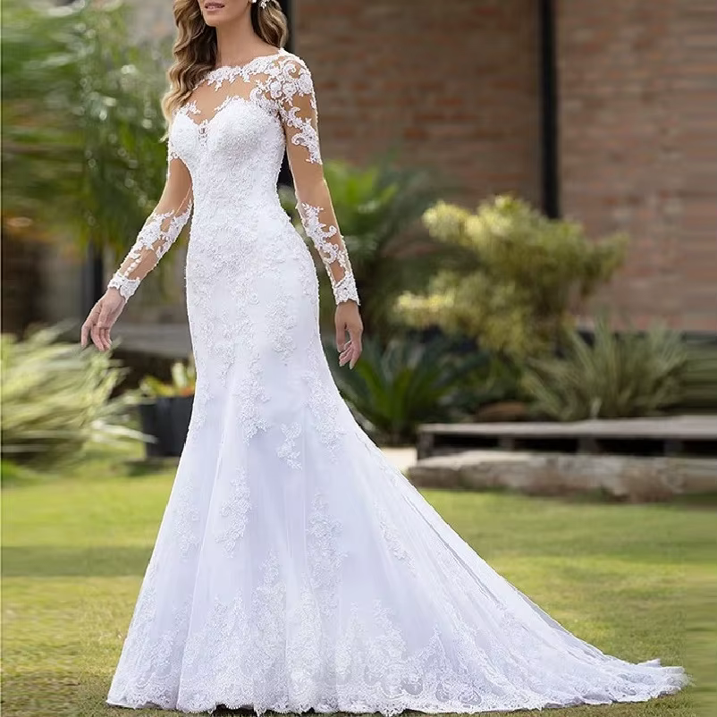 Robes de mariée sirène à manches longues col rond Robe