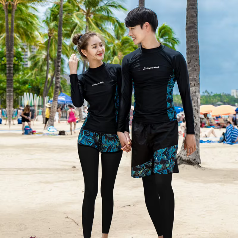 Chemise et pantalon Rash Guard à manches longues pour hommes et femmes, maillot de bain, maillots de bain, tapis de surf, noir, ensemble de 4 pièces
