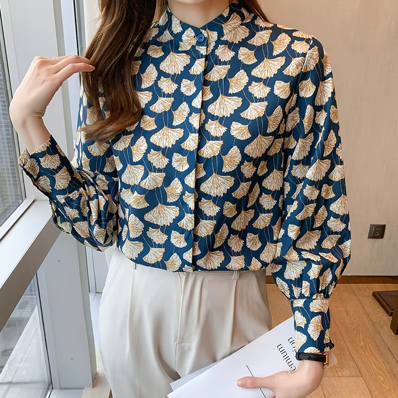 Style français femmes Blouses ginkgo imprimé dames chemises printemps automne à manches longues dessus de chemise Blusas Mujer