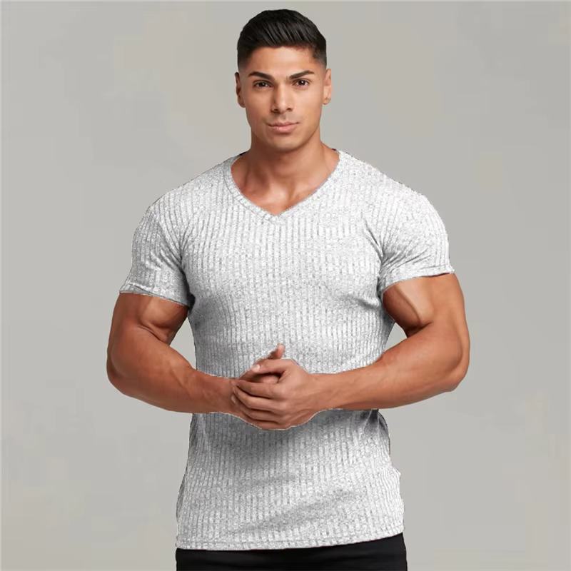 Hommes col en V à manches courtes T-shirt Fitness coupe ajustée bandes de sport
