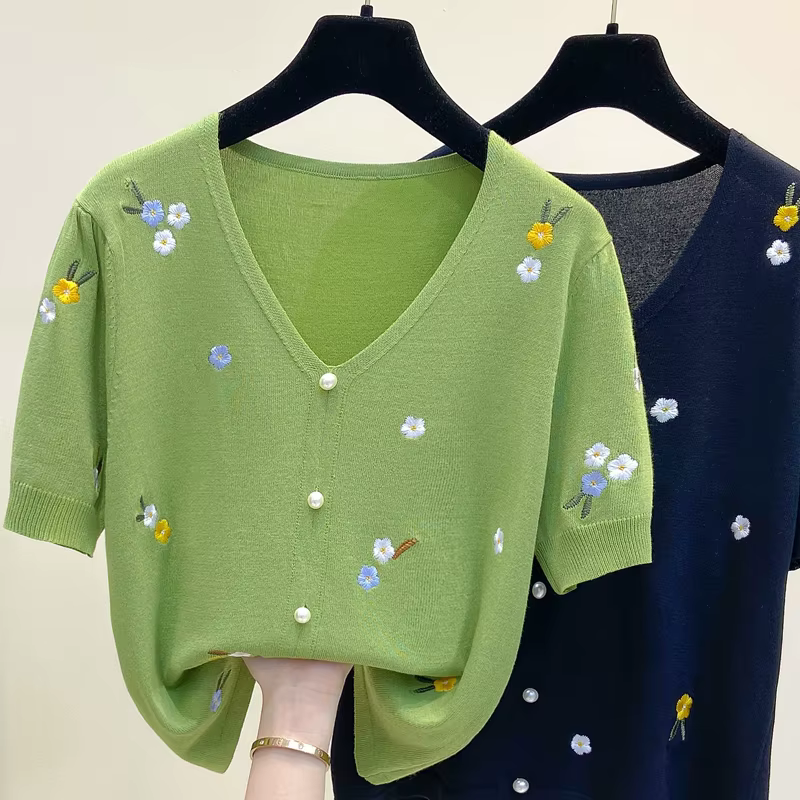 T-shirt femmes 2025 été col en v coton pull