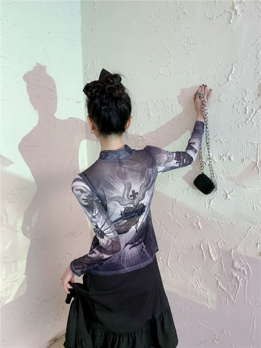 CHEERART Goth maille haut femmes tendance mode graphique t-shirts à manches longues col roulé voir à travers