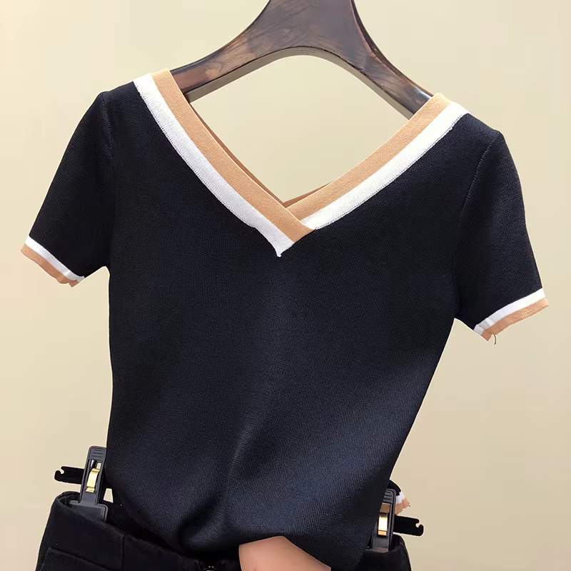T-shirt rayé à col en V pour femmes, haut d'été, vêtements pour femmes, 2024