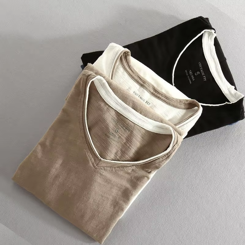 Hommes à manches longues T-shirt coton col en v solide décontracté hauts t-shirts