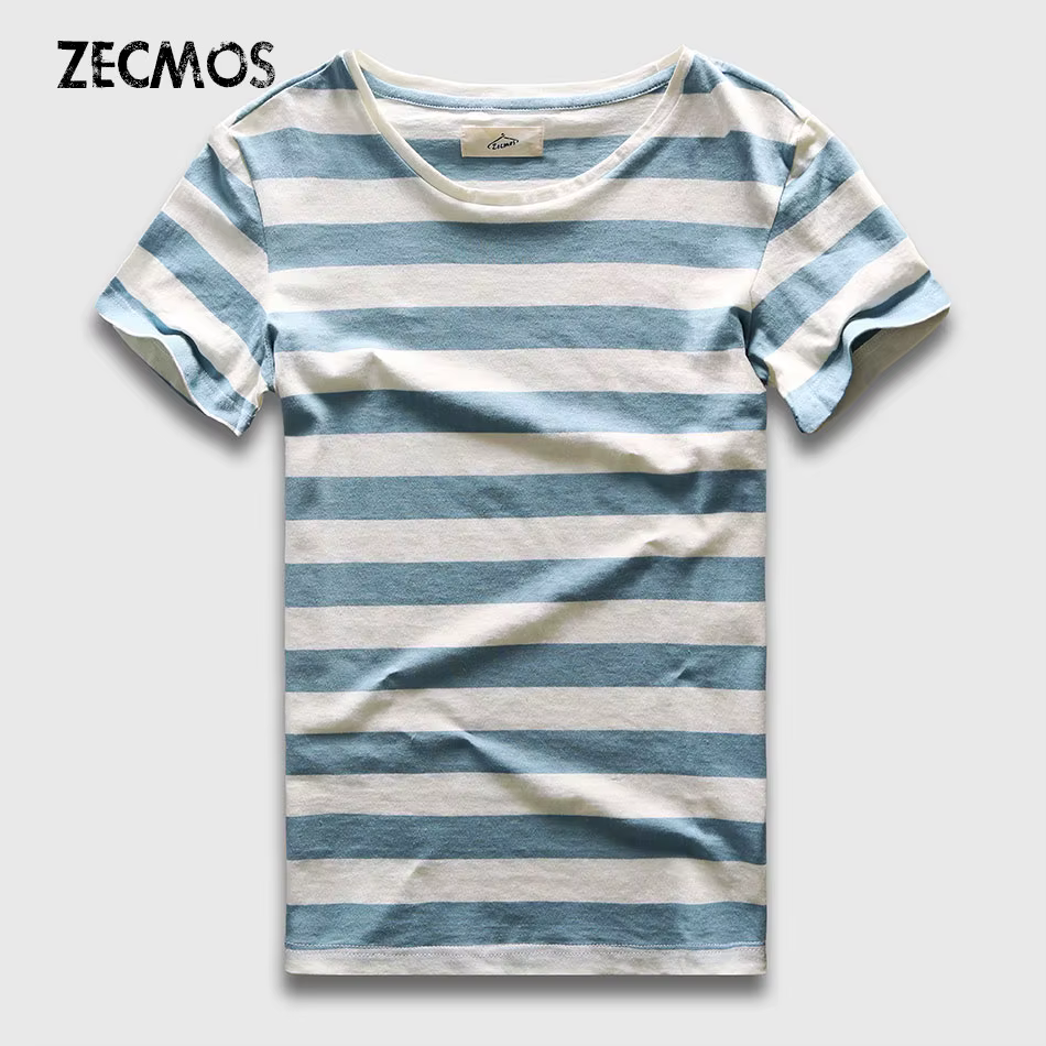 Zecmos nouveaux hommes T-Shirt à rayures mode col rond à manches courtes coupe ajustée bleu rayé