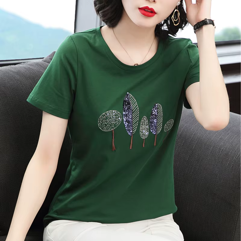 T-Shirt à paillettes Femme 2025 haut d'été broderie coton