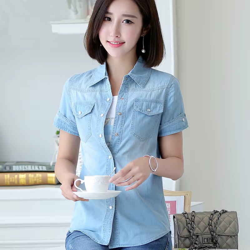S-3XL Chemise en Denim pour Femmes été Nouvelle Mode Décontractée Manches Сourtes Вoutons Slim Tops fins, Сhemisier étudiante Сhemises en Сoton