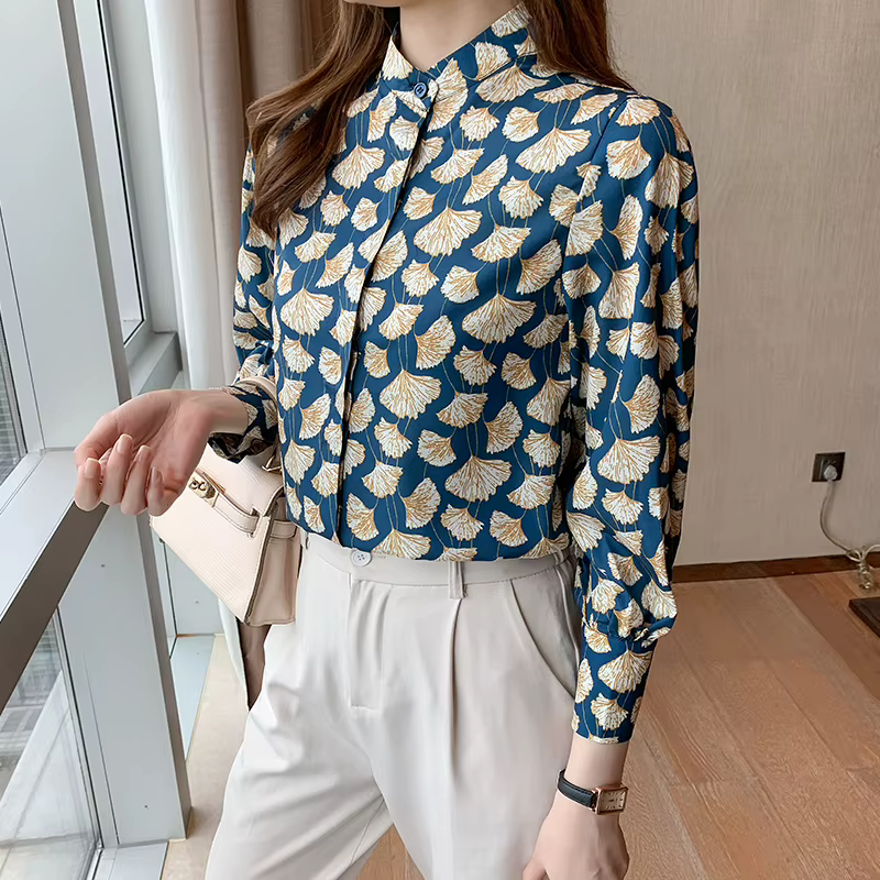 Style français femmes Blouses ginkgo imprimé dames chemises printemps automne à manches longues dessus de chemise Blusas Mujer