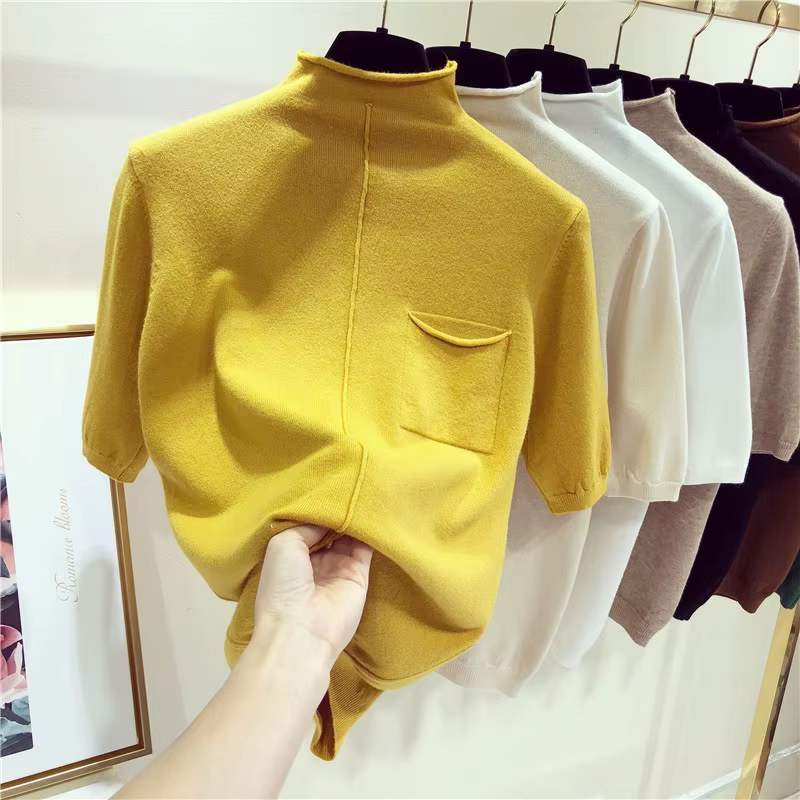 Pull tricoté à demi-manches pour femmes, pull à col roulé, mode coréenne, médicaments, 7 couleurs, printemps, été, 2025