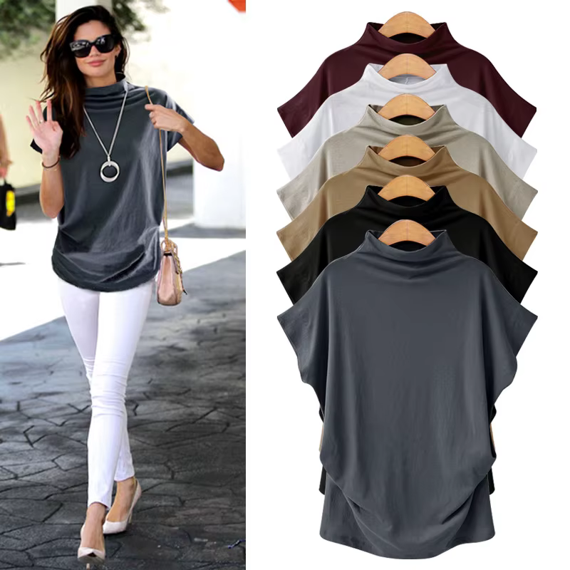 6XL femmes été T-Shirt manches courtes chauve-souris ample solide gris col roulé