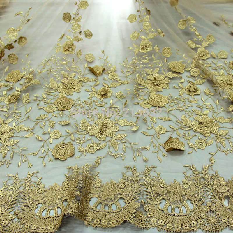 Robe de mariée dentelle 3D Flash garniture or 2 couches Tulle Voile fleurs broderie Textile tissus lacets électroniques tissu pour la couture