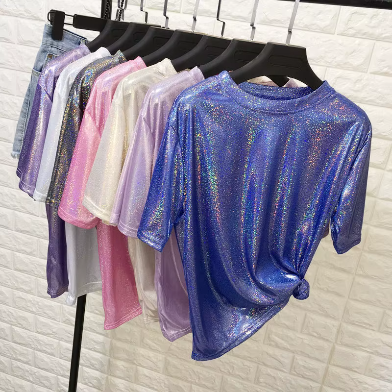 Été femme hauts brillant ample à manches courtes t-shirt sexy club esthétique harajuku femmes élégant