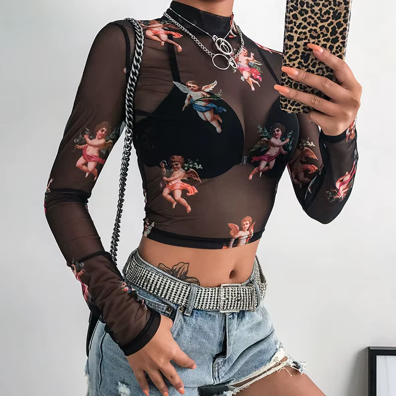 Femmes Sexy T-Shirt voir à travers des hauts en maille transparente à manches longues pure mince dames col roulé