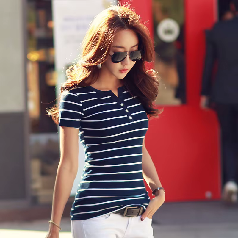 Rayé T-Shirt femmes été hauts à manches courtes
