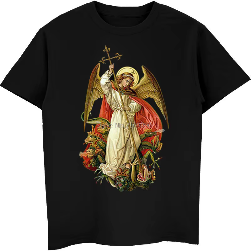 Saint Michael détruire le diable catholique chrétien T-shirt hommes coton à manches courtes