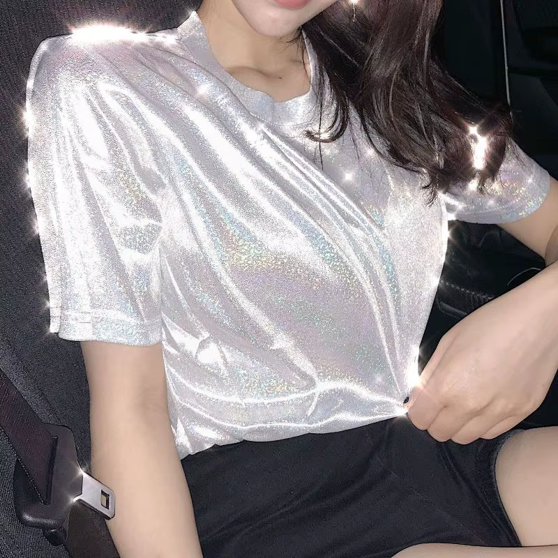 Été femme hauts brillant ample à manches courtes t-shirt sexy club esthétique harajuku femmes élégant