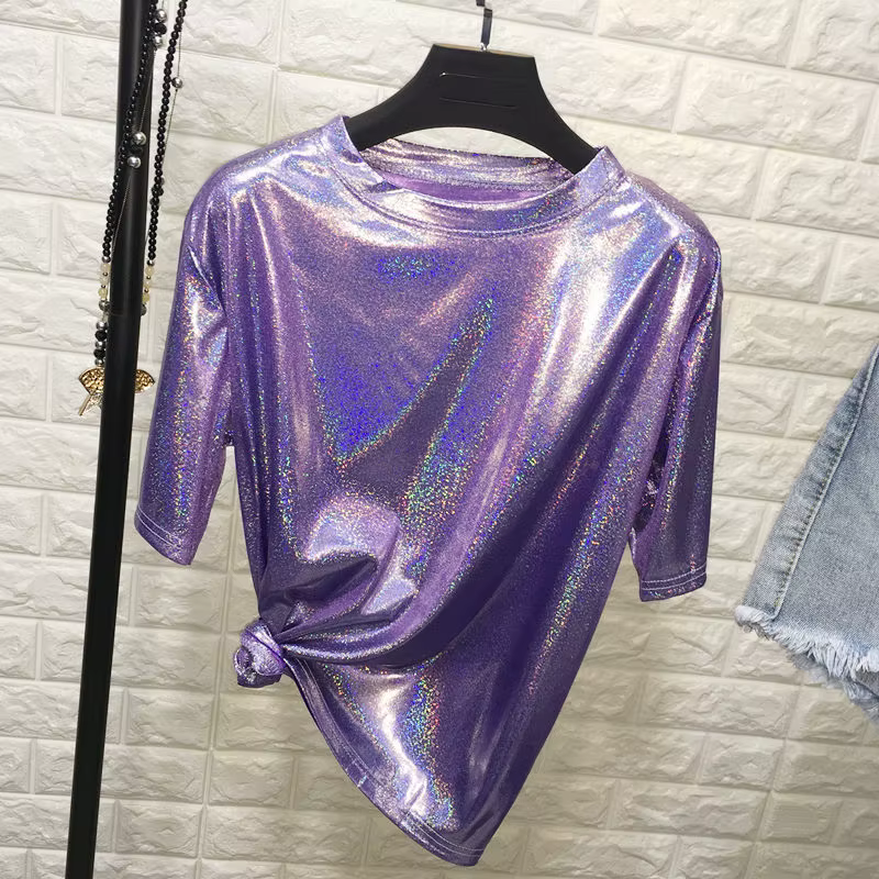 Été femme hauts brillant ample à manches courtes t-shirt sexy club esthétique harajuku femmes élégant