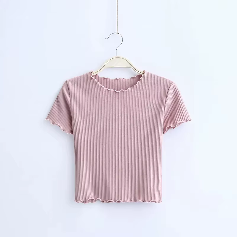 Vintage bois oreilles O cou à manches courtes T-shirt 2025 nouvelle femme coupe ajustée