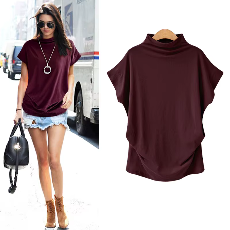 6XL femmes été T-Shirt manches courtes chauve-souris ample solide gris col roulé
