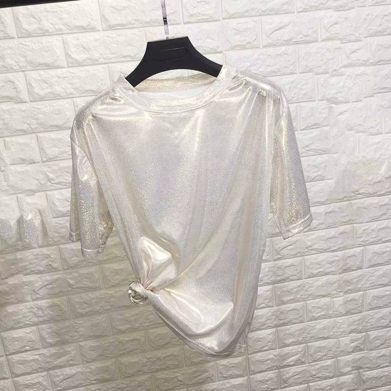 Été femme hauts brillant ample à manches courtes t-shirt sexy club esthétique harajuku femmes élégant