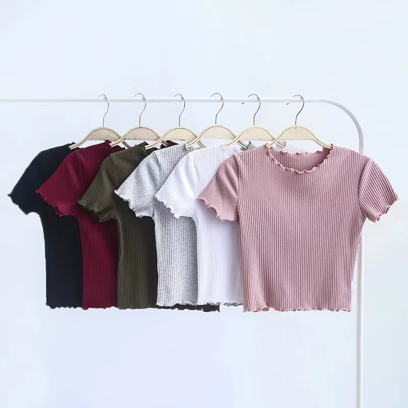 Vintage bois oreilles O cou à manches courtes T-shirt 2025 nouvelle femme coupe ajustée