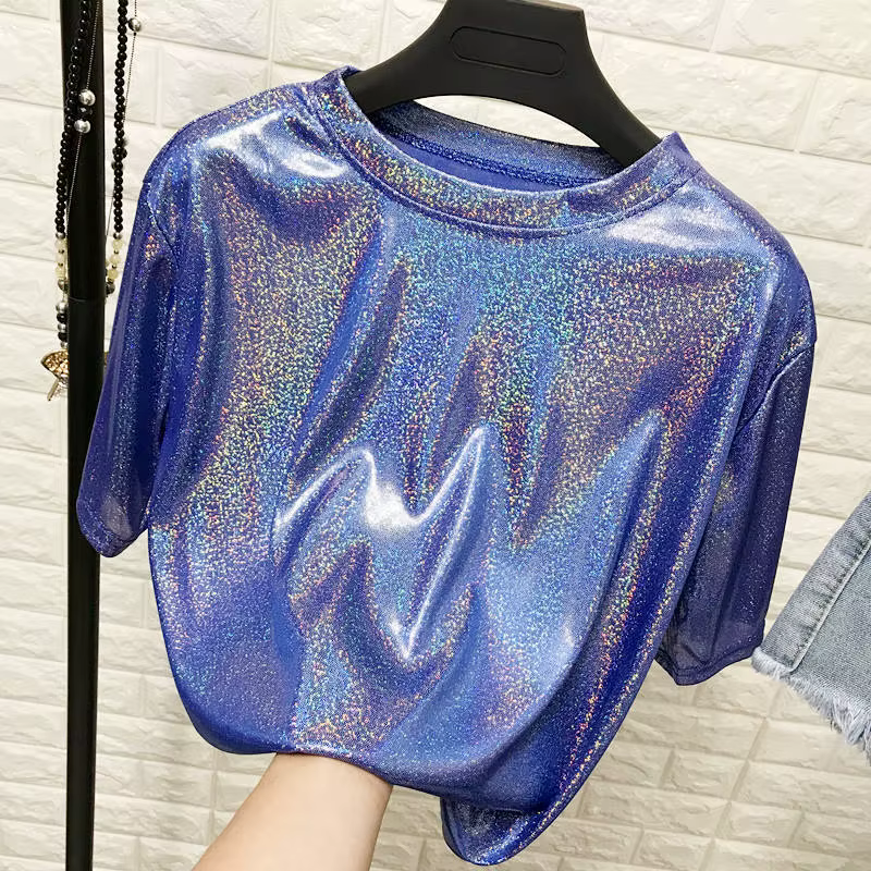 Été femme hauts brillant ample à manches courtes t-shirt sexy club esthétique harajuku femmes élégant