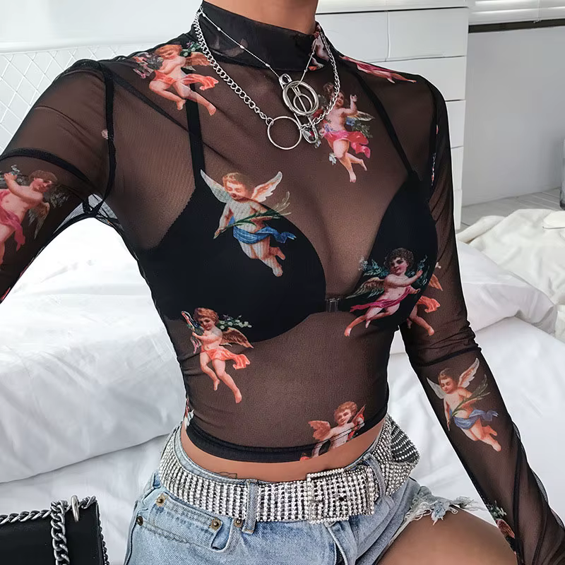 T-shirt à col roulé à manches longues en maille transparente pour femmes
