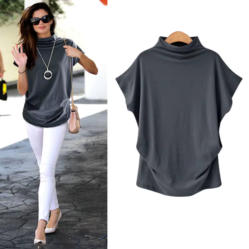 6XL femmes été T-Shirt manches courtes chauve-souris ample solide gris col roulé