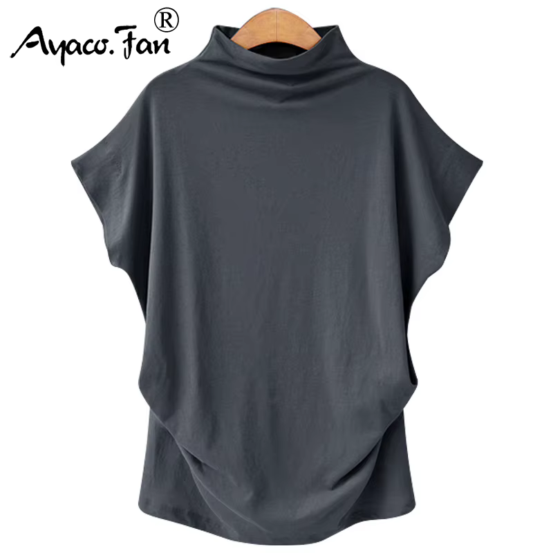 6XL femmes été T-Shirt manches courtes chauve-souris ample solide gris col roulé
