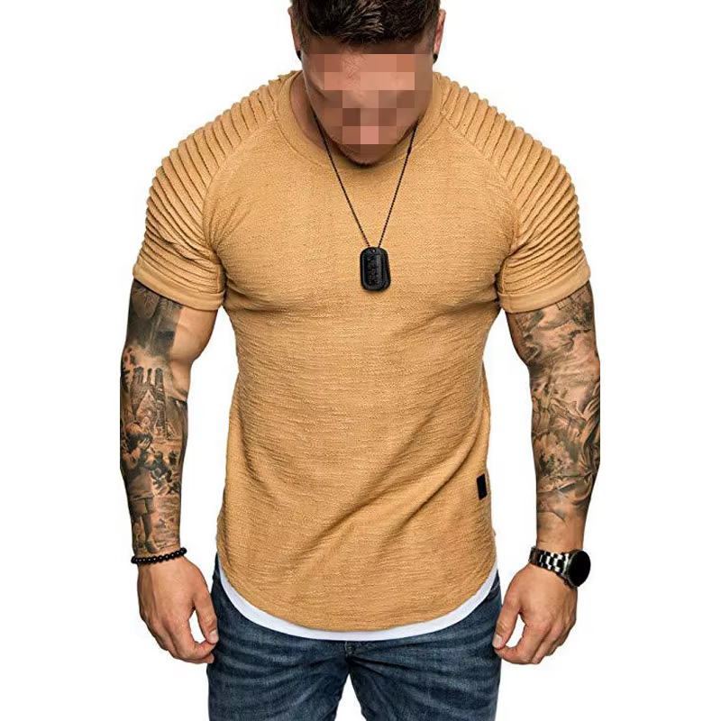 Mode manches plissées hommes T-shirt rayé épaule drôle t-shirts Hip Hop hauts coupe ajustée