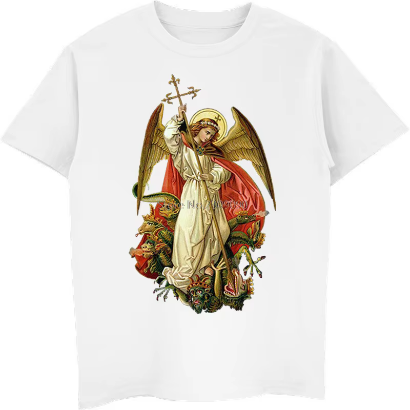 Saint Michael détruire le diable catholique chrétien T-shirt hommes coton à manches courtes