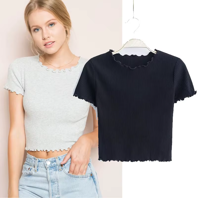 Vintage bois oreilles O cou à manches courtes T-shirt 2025 nouvelle femme coupe ajustée
