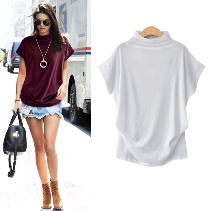 6XL femmes été T-Shirt manches courtes chauve-souris ample solide gris col roulé