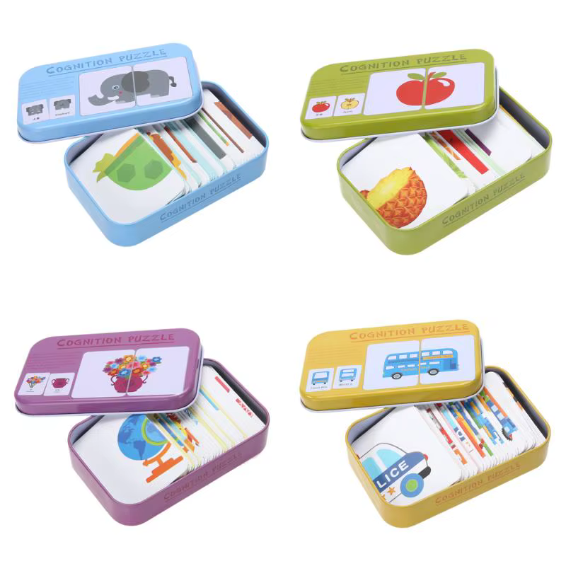 Bébé enfants Cognition Puzzles jouets enfant en bas âge boîte de fer cartes correspondant jeu