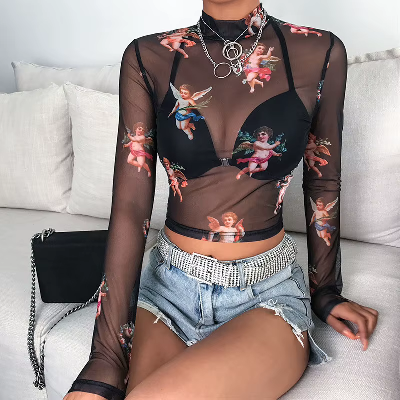 Femmes Sexy T-Shirt voir à travers des hauts en maille transparente à manches longues pure mince dames col roulé