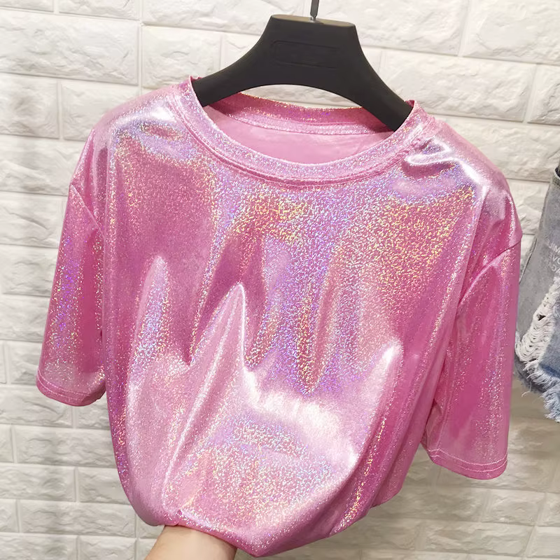 Été femme hauts brillant ample à manches courtes t-shirt sexy club esthétique harajuku femmes élégant