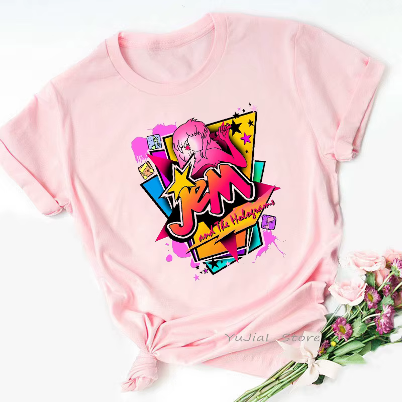 T-shirt femme rose, humoristique, Jem et l'hologramme, harajuku, été 2024